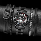 Irffinity Mens Quartz Watch Set Steel Strap Three Eye Gift