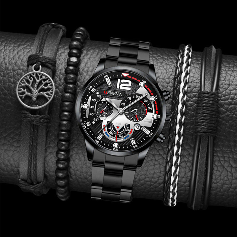 Irffinity Mens Quartz Watch Set Steel Strap Three Eye Gift