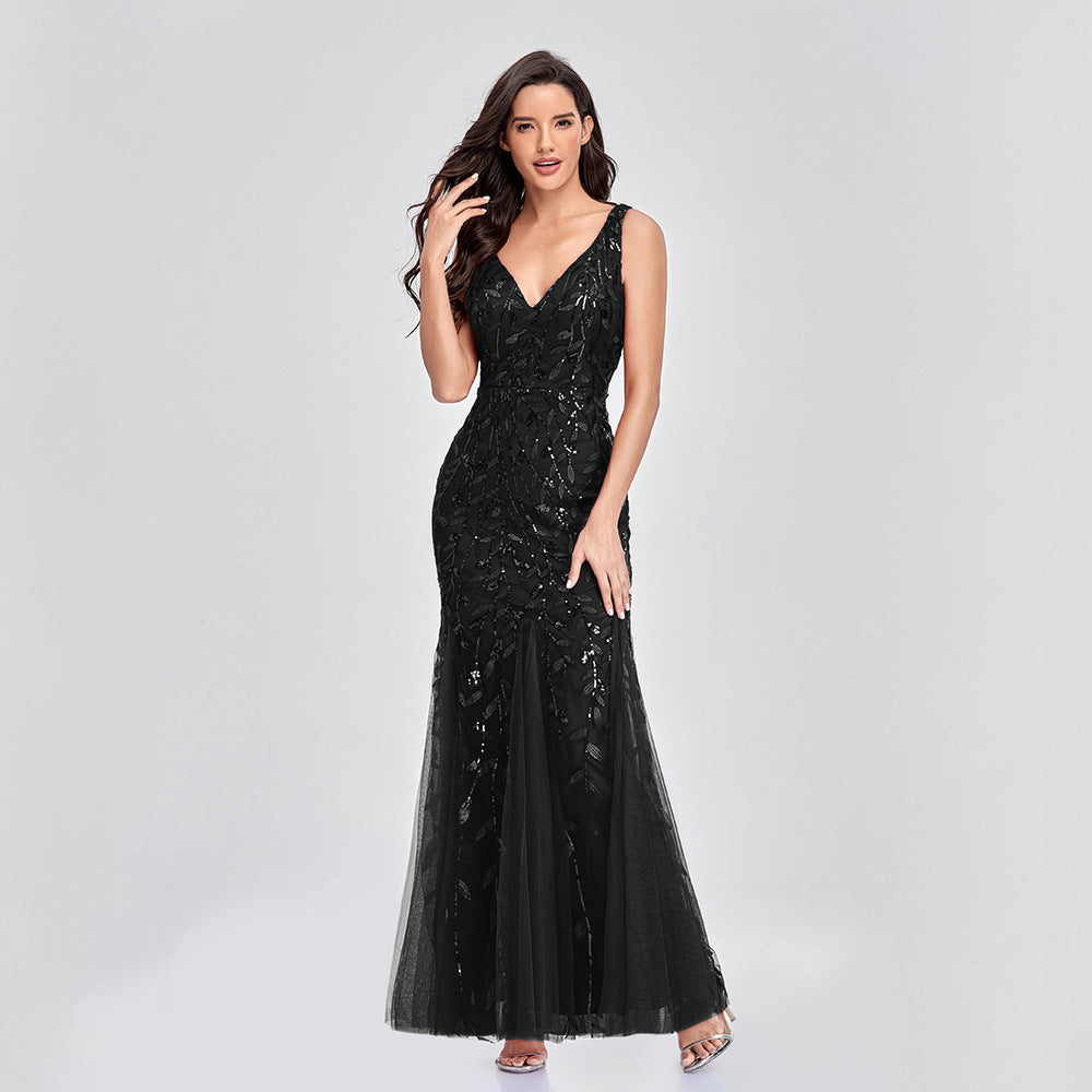 Irffinity Sexy Long Dress Sleeveless V Neck Sequin Women