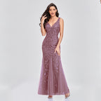 Irffinity Sexy Long Dress Sleeveless V Neck Sequin Women