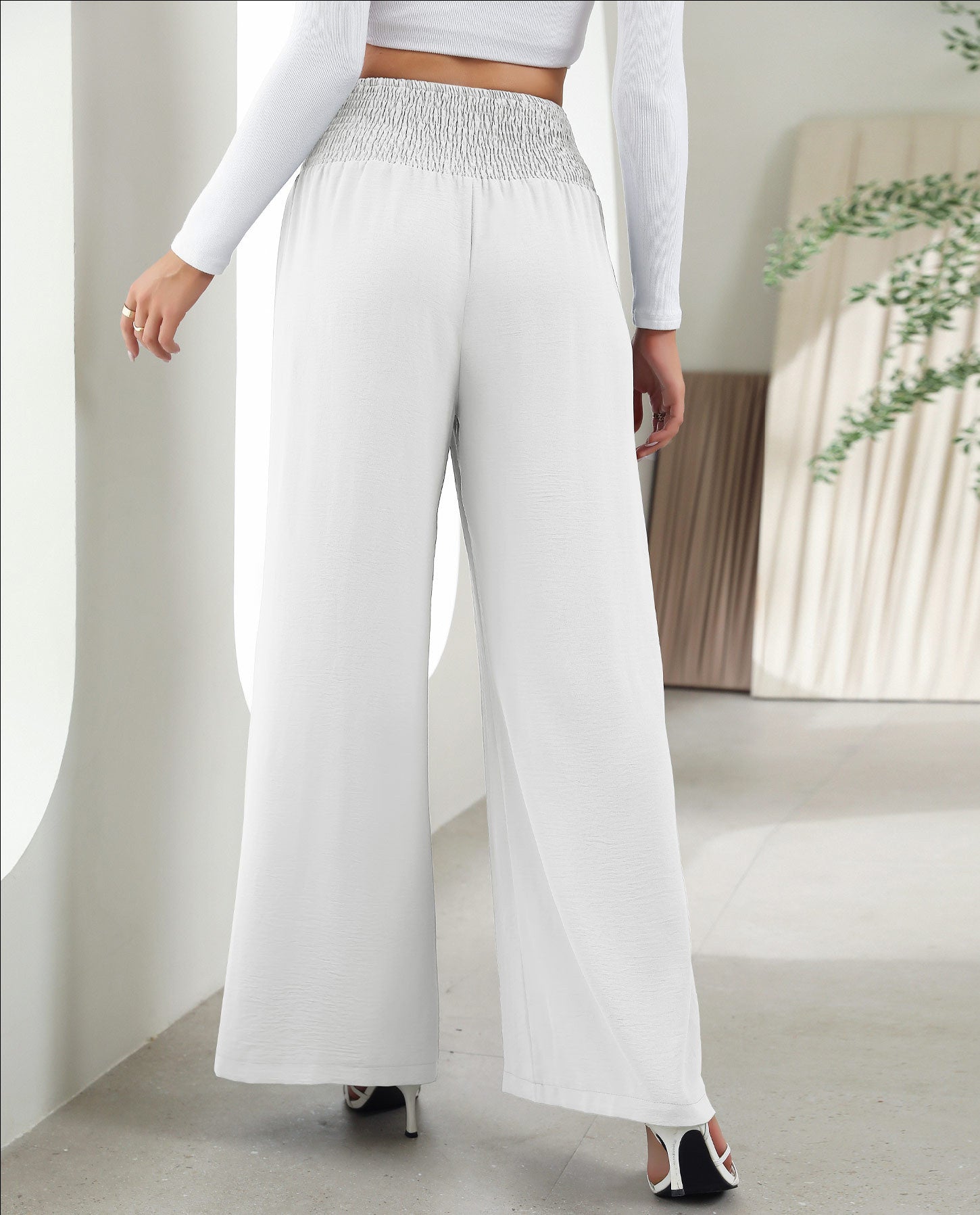 Irffinity Elastic High Waist Wide Leg Pants For Women