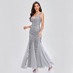 Irffinity Sexy Long Dress Sleeveless V Neck Sequin Women