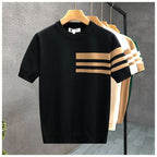 Trendy All-match Round Neck Knitted Short Sleeve Contrast Color Thin T-shirt