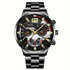 Irffinity Mens Quartz Watch Set Steel Strap Three Eye Gift