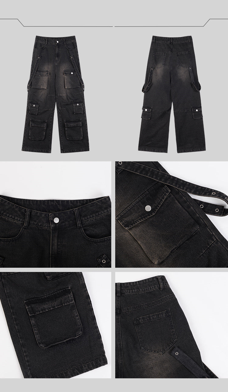 Irffinity Multi Pocket Vintage Wide Leg Jeans For Men
