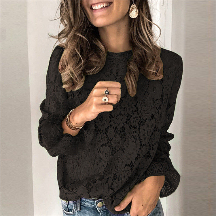 Irffinity Hollow Lace Shirt For Women Long Sleeve Chic
