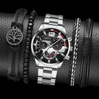 Irffinity Mens Quartz Watch Set Steel Strap Three Eye Gift
