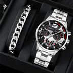 Irffinity Mens Quartz Watch Set Steel Strap Three Eye Gift