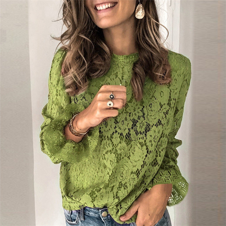Irffinity Hollow Lace Shirt For Women Long Sleeve Chic